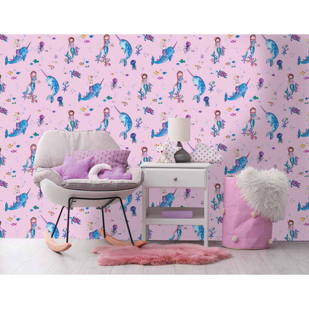 Narwhals and Mermaids Pink Wallpaper Image 2