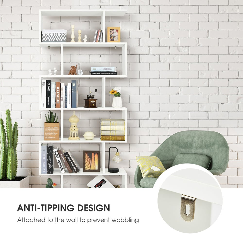 Costway 6 Shelf White S Shaped Wooden Industrial Bookshelf Image 7