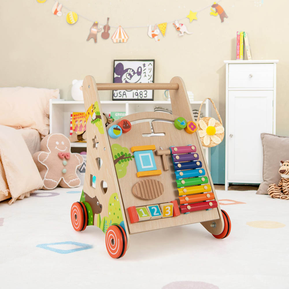 Costway Natural Wooden Baby Push Walker with Learning Activity and Storage Image 3
