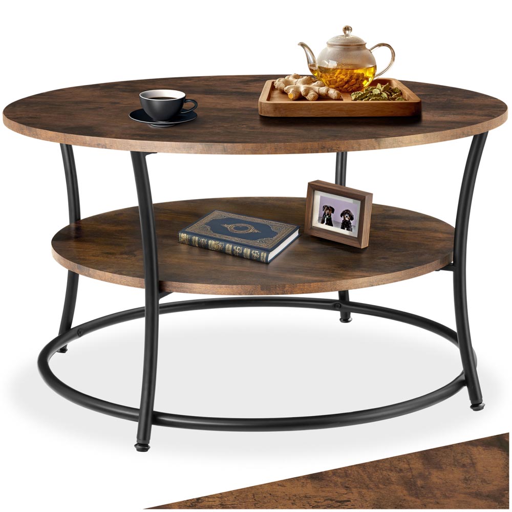 tectake Cromford Industrial Dark Wood Round Coffee Table Image 2
