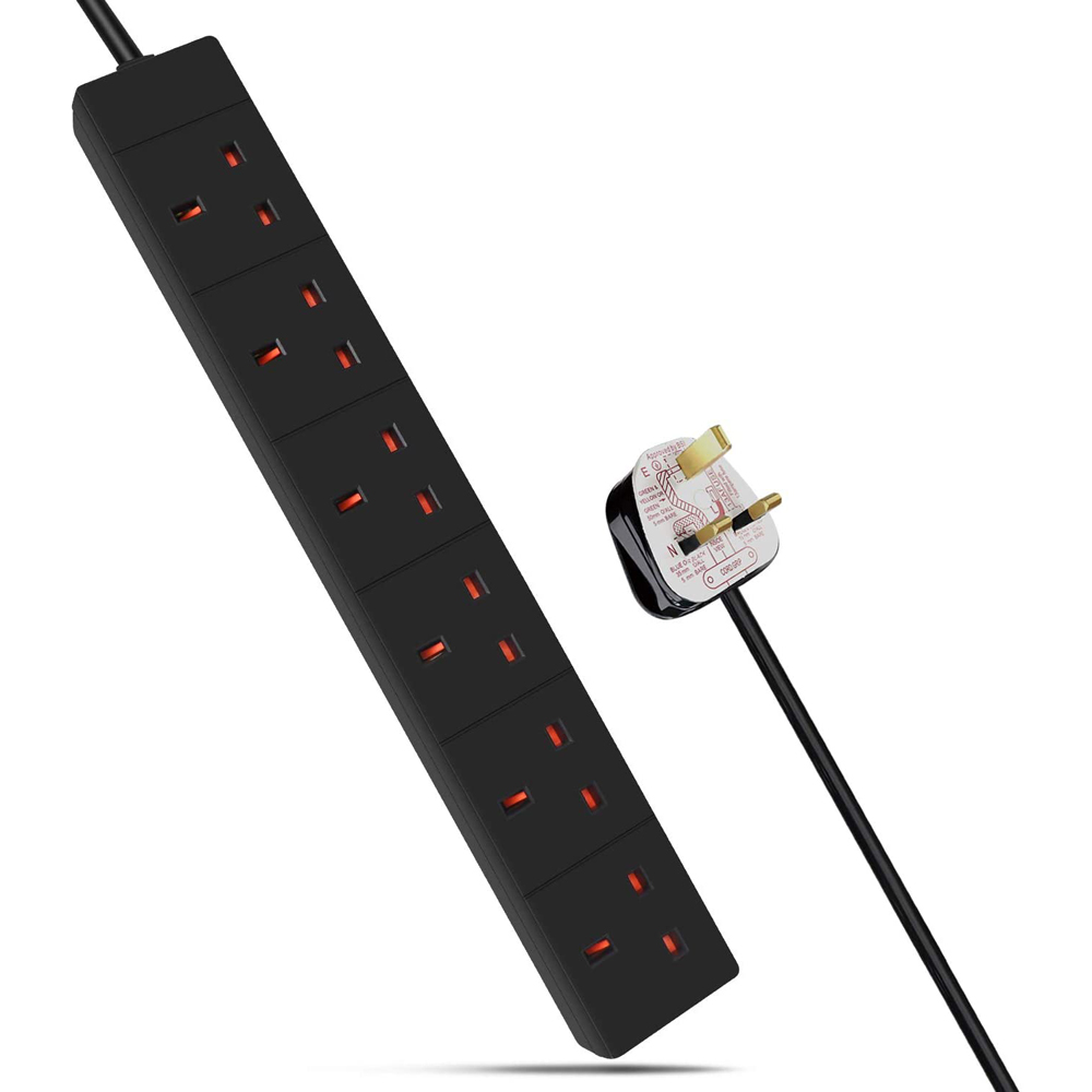 ExtraStar 6 Way 13A Black Extension Lead 2m Image 1