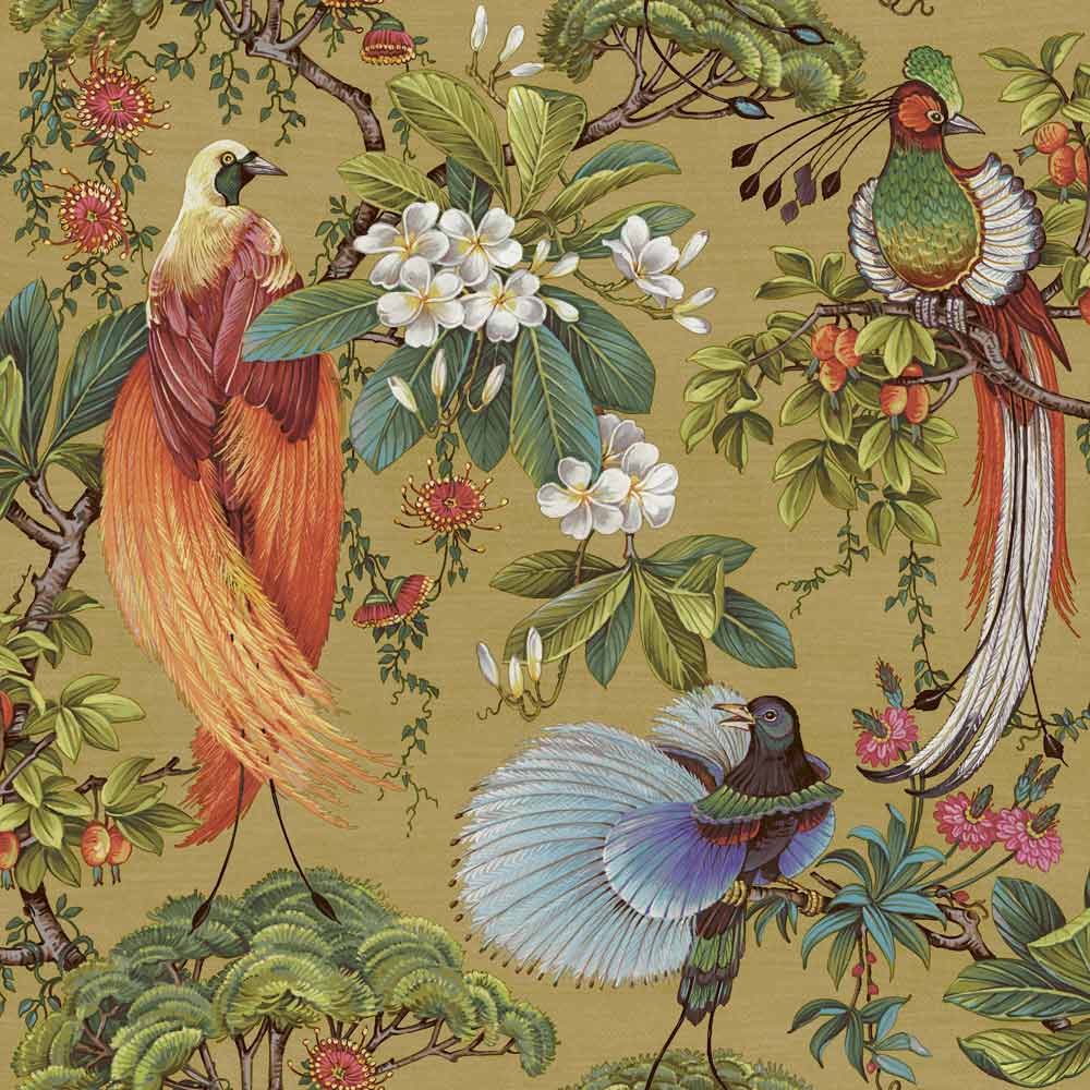 Holden Songbird Ochre Wallpaper  - wilko Give a truly unique touch to your home decor with Holden Songbird Ochre Wallpaper. This beautifully painted oriental wallpaper features bright tropical birds within bonsai trees and flowers. Easy to hang paste the paper product. Design Match: Offset Match, Design Repeat: 53/26.5cm, Roll Length: 10.05m, Roll Width: 53cm. Holden Songbird Ochre Wallpaper