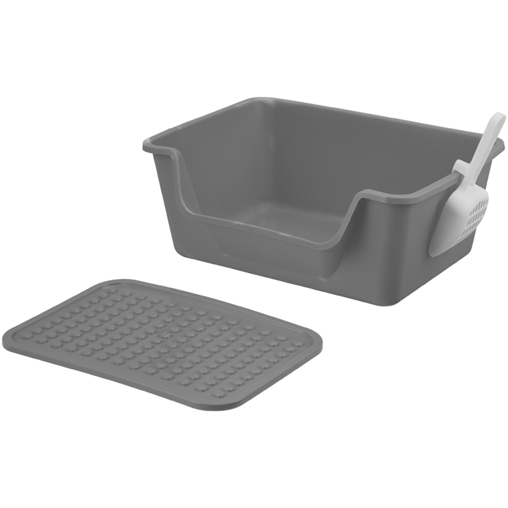 H&O Direct Grey Open Top Cat Litter Box with Scoop and Litter Mat 21 x 50 x 37cm Image 1