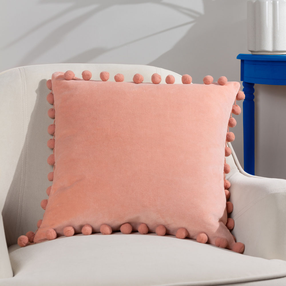furn. Dora Square Pale Pink Velvet Pom Pom Cushion Image 2