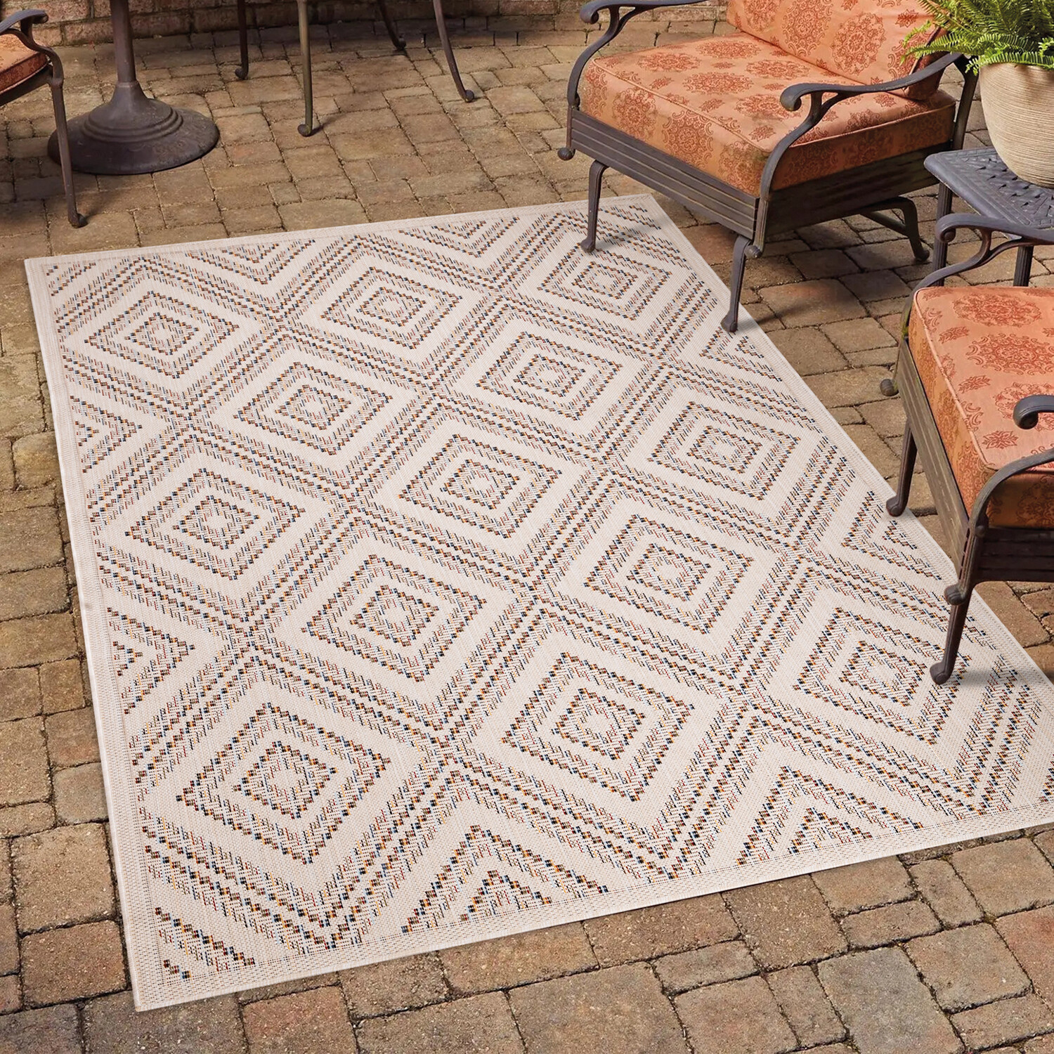 Palma Geometric Indoor and Outdoor Rug - Neutral and Brown / 120cm Image 2