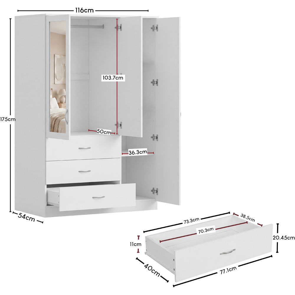 VIDA DESIGNS Riano 3 Door 3 Drawer White Mirrored Wardrobe Image 9