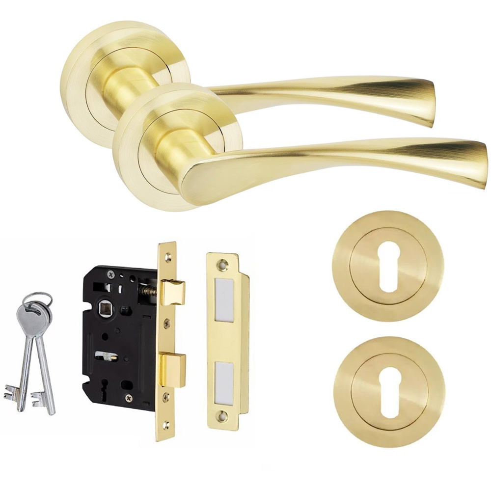Golden Grace Satin Brass Astrid Door Handle with Escutcheon and Mortise Lock Image 1