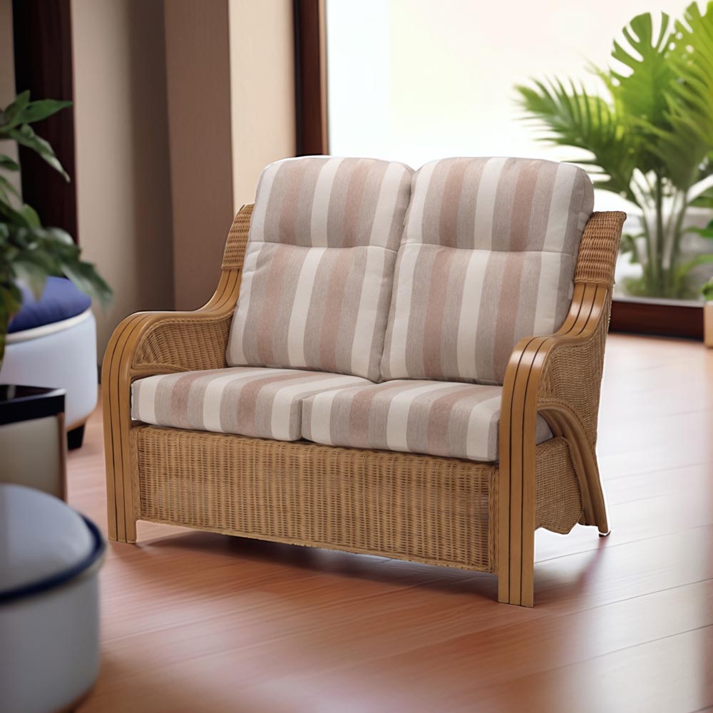 Desser Furniture Opera 2 Seater Light Oak Natural Rattan Duke Beige Stripe Sofa Image 4