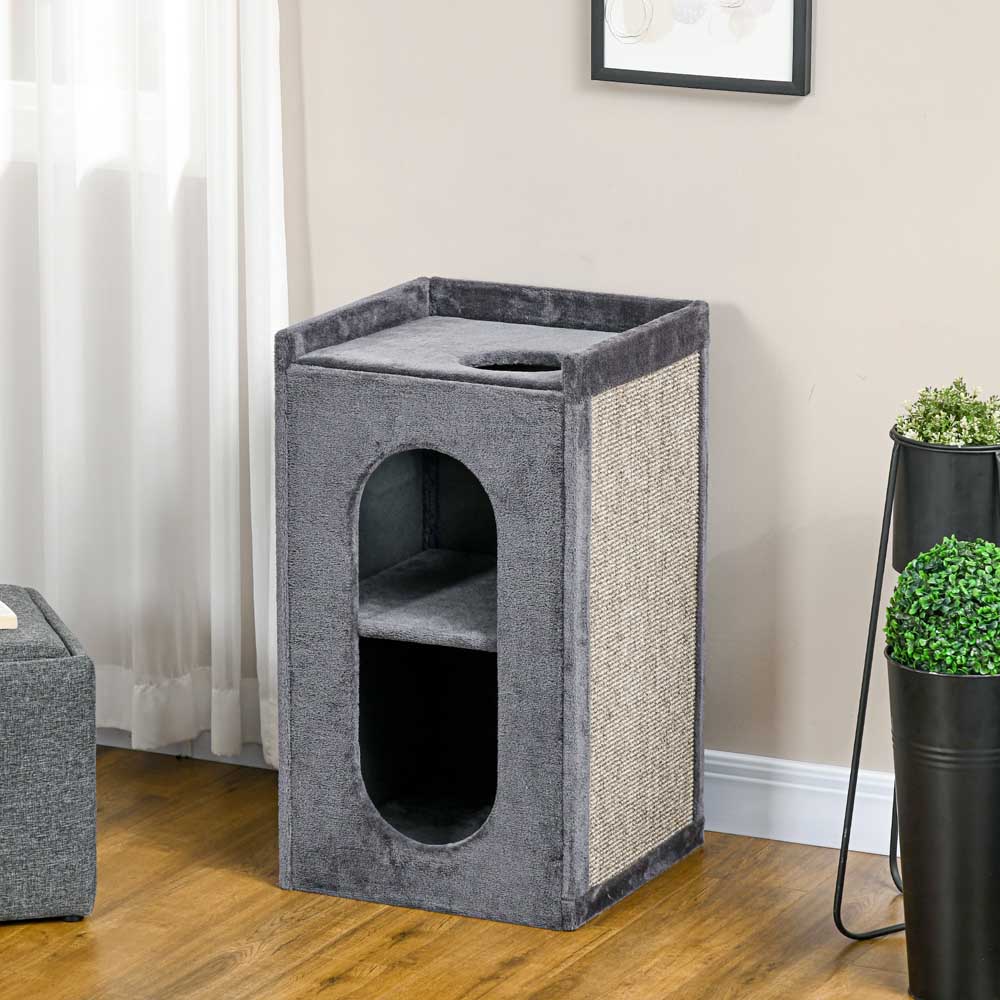 PawHut 81cm Cat Scratching Barrel with Two Cat Houses for Indoor Cats - Grey Image 2