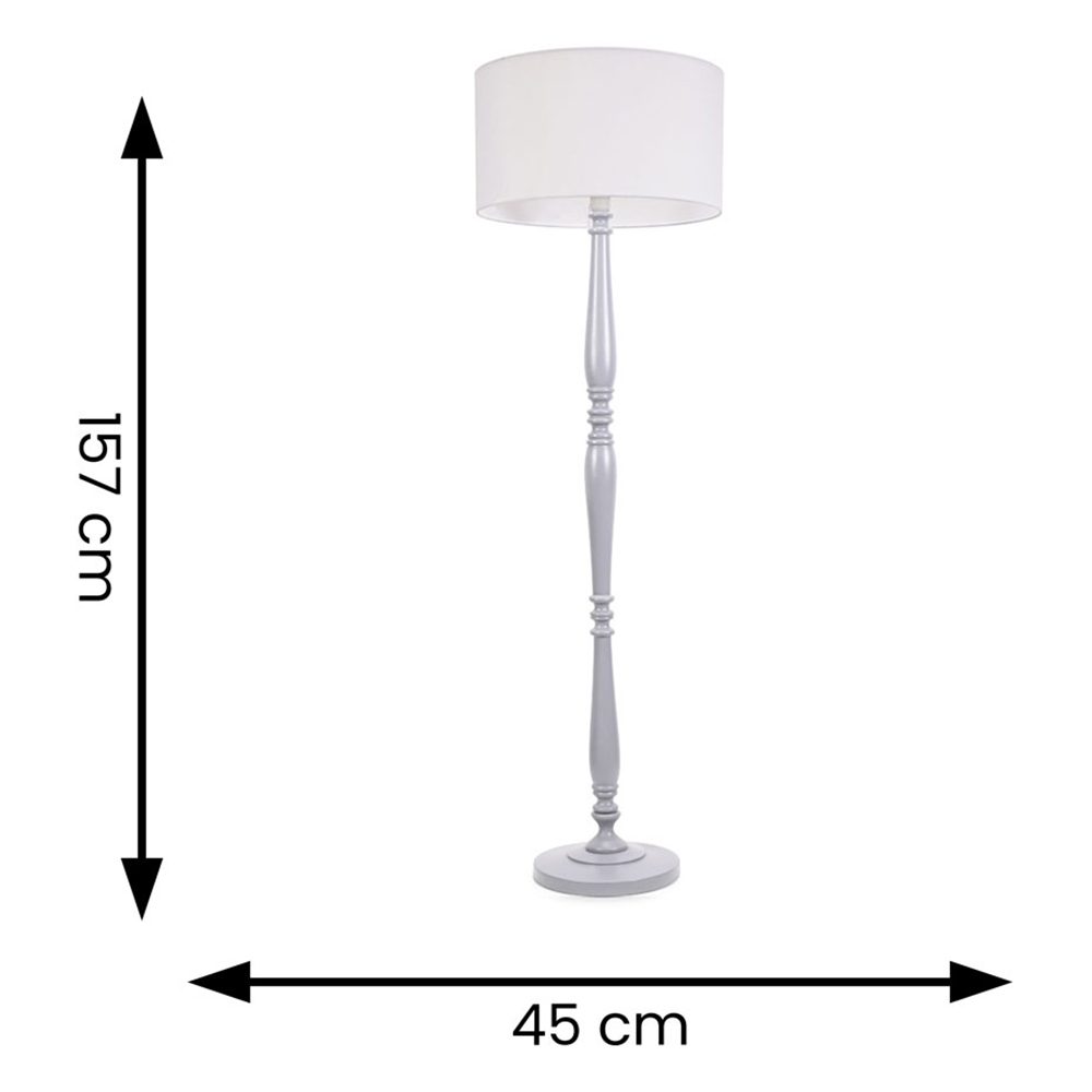 ValueLights Victoria White Fabric Drum Shade Grey Wood Traditional Stem LED Floor Lamp Image 6