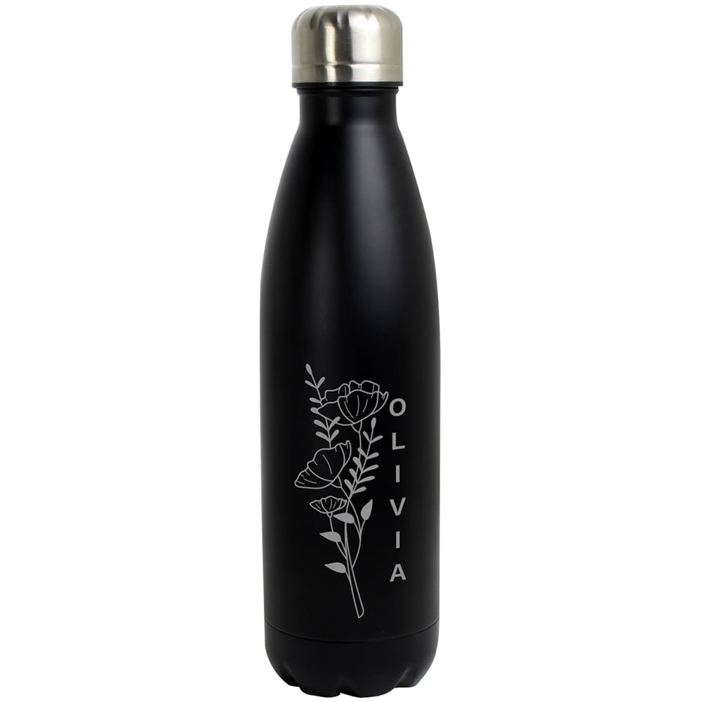 Personalised Memento Floral Black Metal Insulated Drinks Bottle 500ml Image 1