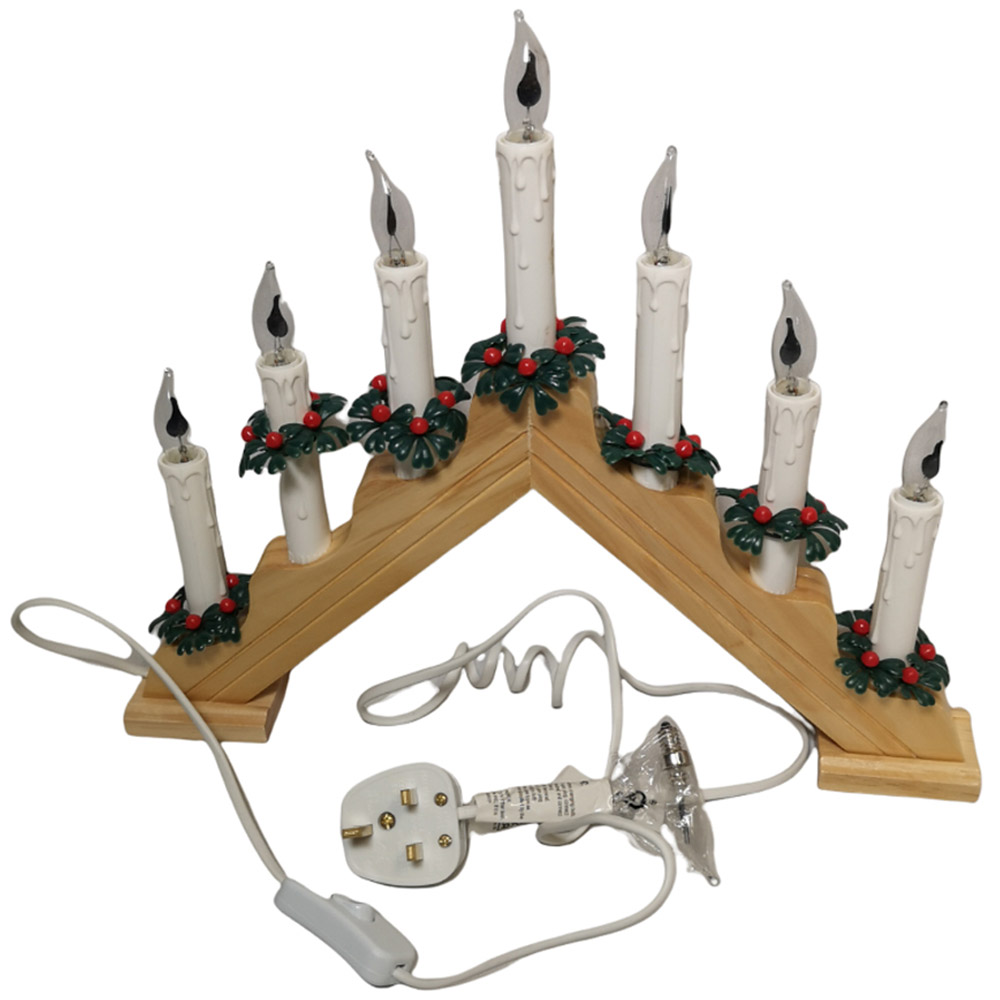 Premier 7 Flickering Warm White LED Wood Finish Christmas Candle Bridge Image 2