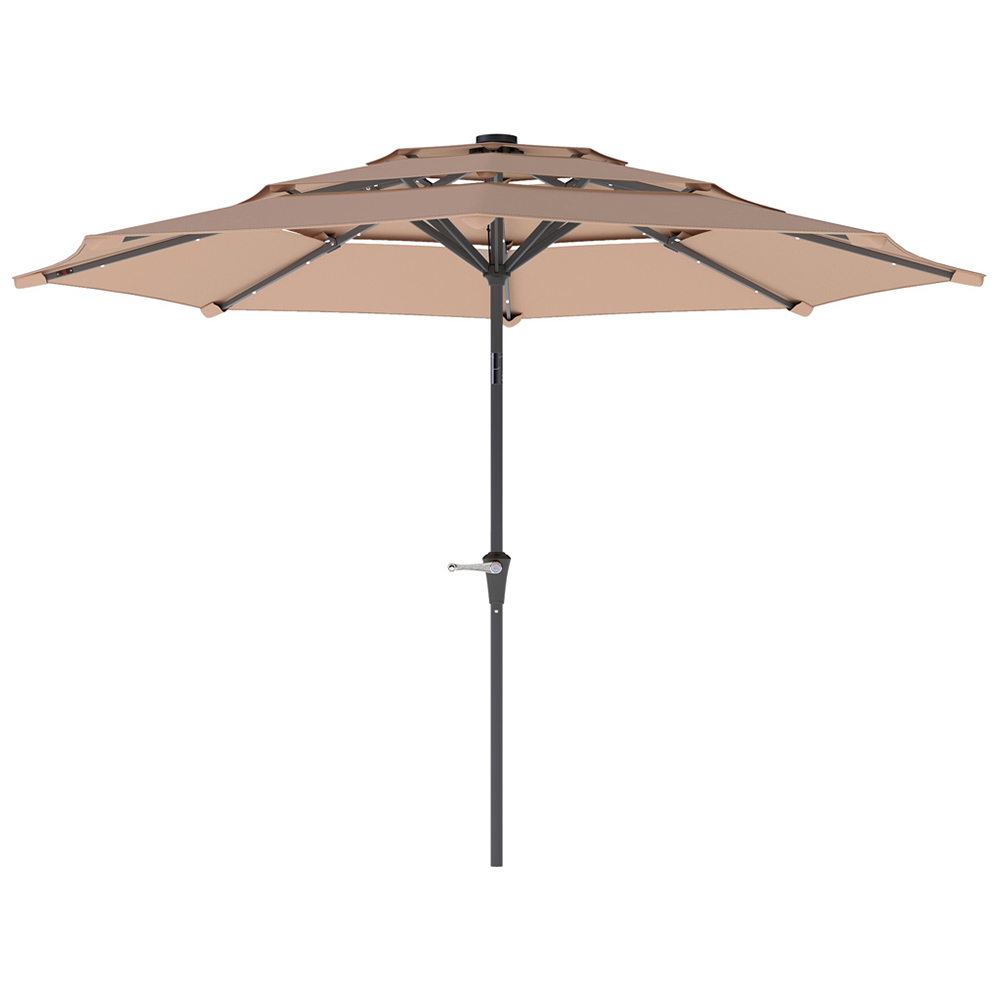 Outsunny Khaki 3 Tier Crank and Tilt Parasol with Solar LED 2.61m Image 1
