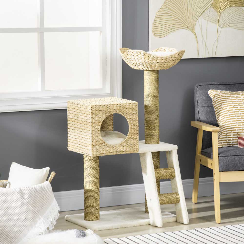 PawHut Cat Tree Kitten Cattail Weave Tower with Scratching Post Image 2