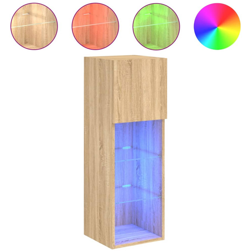 vidaXL Single Door 3 Open Shelf Sonoma Oak Narrow TV Cabinet with LED Light Set of 2 Image 6