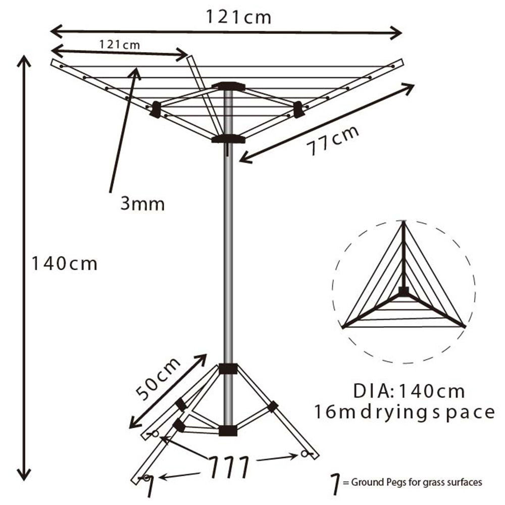 JVL Slate Grey 3 Arm Portable Rotary Airer 16m Image 9