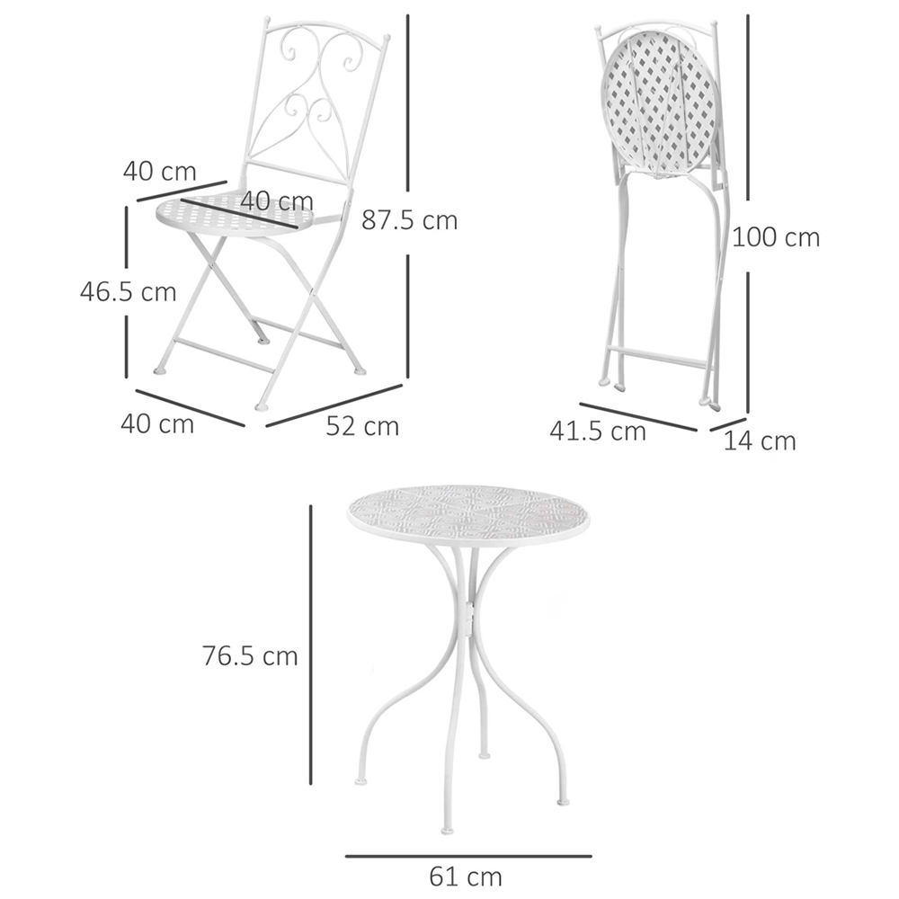 Outsunny 3 Piece Garden Folding Bistro Set  Metal White Image 7