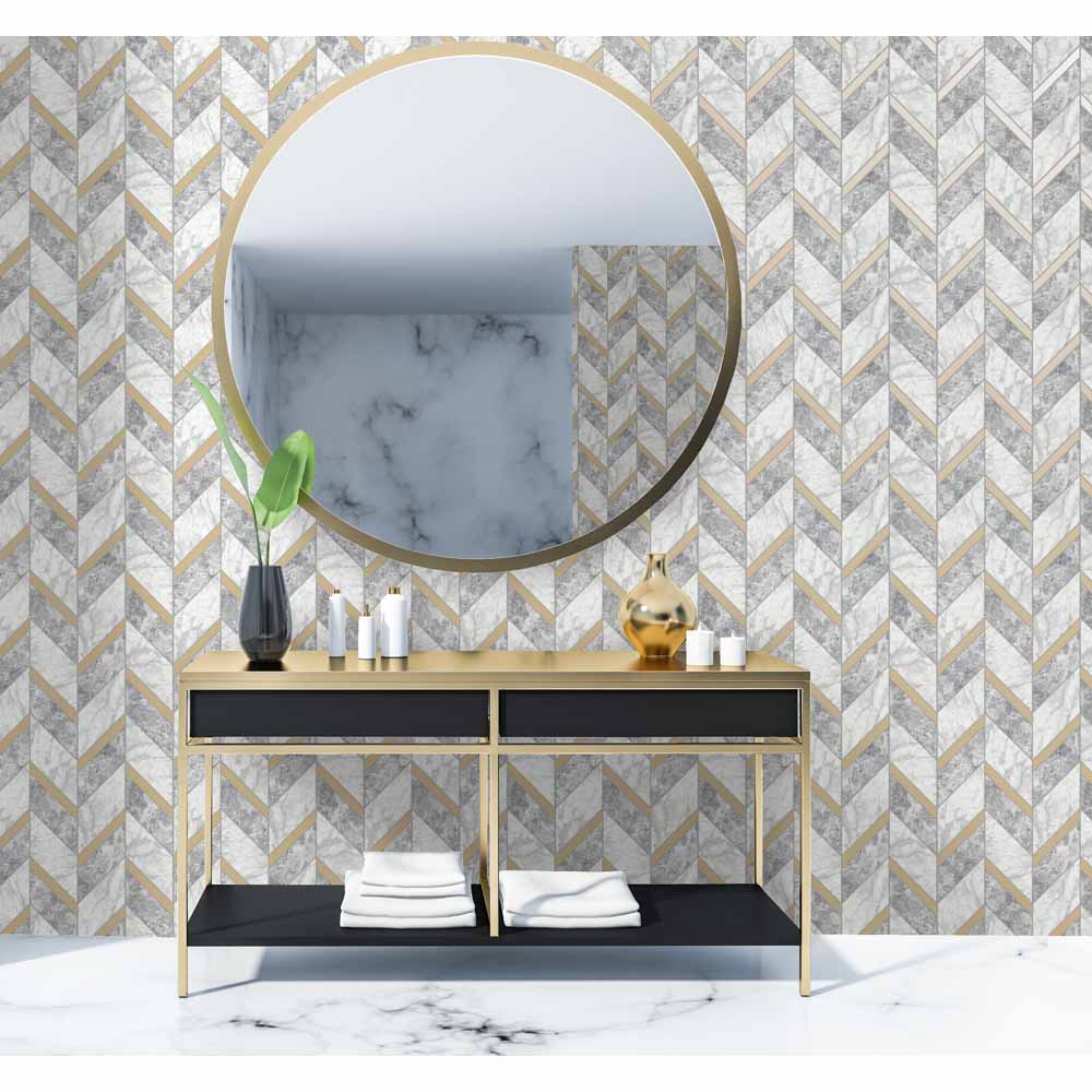 Holden Decor Carra Tiling on a Roll Grey/Gold Wallpaper Image 2