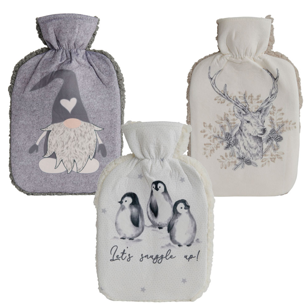 Single Wilko Hot Water Bottle with Plush Cover in Assorted styles Image 1
