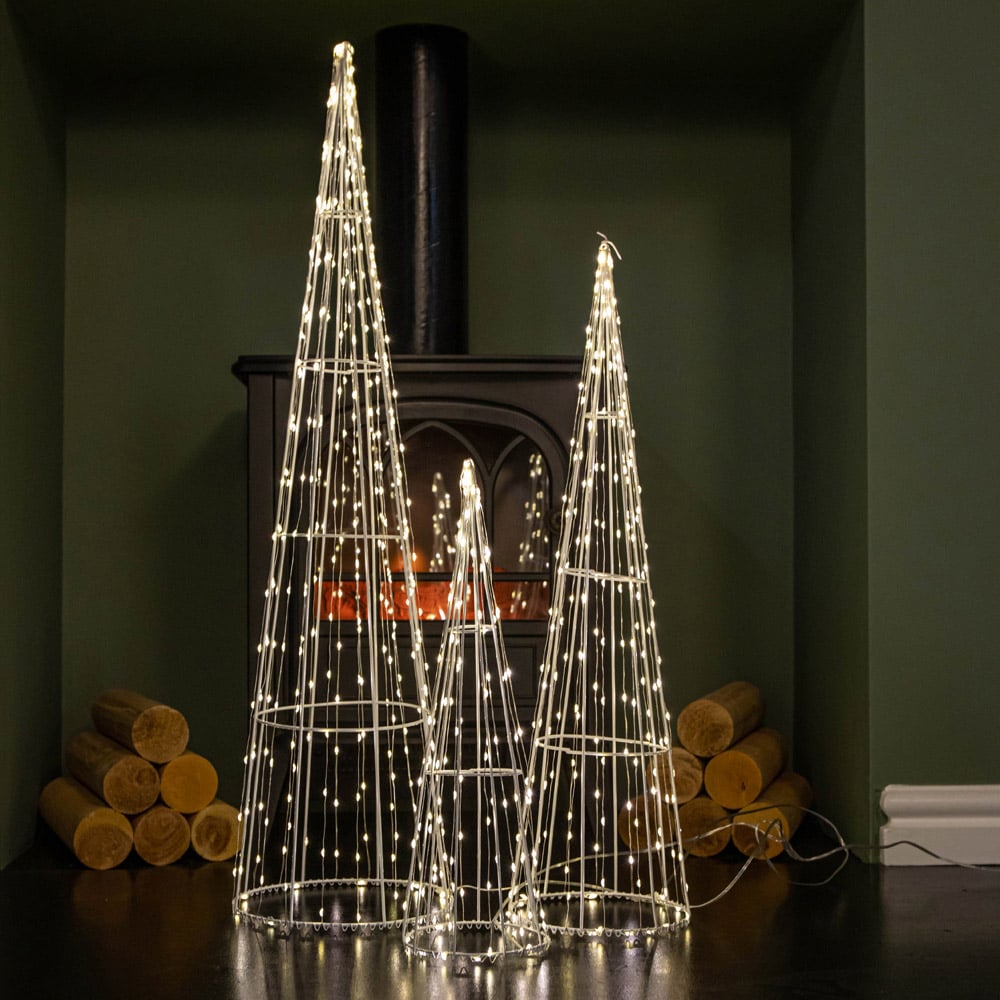Samuel Alexander Warm White LED Light Up White Metal Dewdrop Christmas Cone Tree Set of 3 Image 5