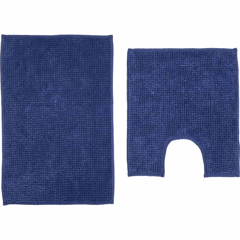 Wilko Chenille Bath Mat and Pedestal Set Navy Wilko