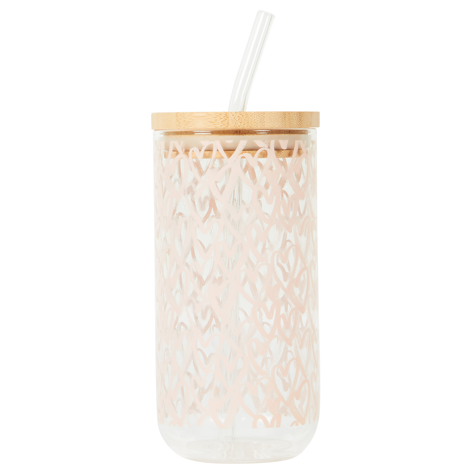 Glass Heart Jar with Lid and Straw - Pink and Clear Image 1