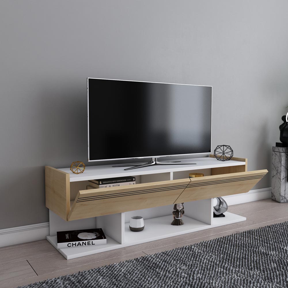 Decorotika Kase 2 Door 3 Shelf White and Sapphire Oak TV Unit Image 3