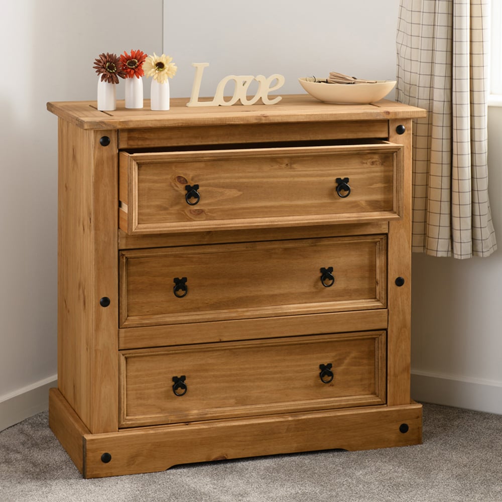 Seconique Corona 3 Drawer Distressed Waxed Pine Chest of Drawers Image 7