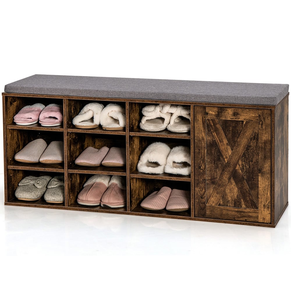 Costway 9 Cube Rustic Brown Shoe Storage Bench with Padded Cushion Image 3