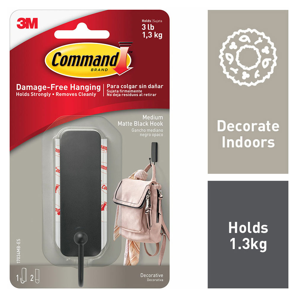 Command Medium Matte Black Self Adhesive Hook Wilko