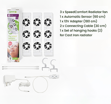 SpeedComfort white radiator booster trioset with hooks and control sensor