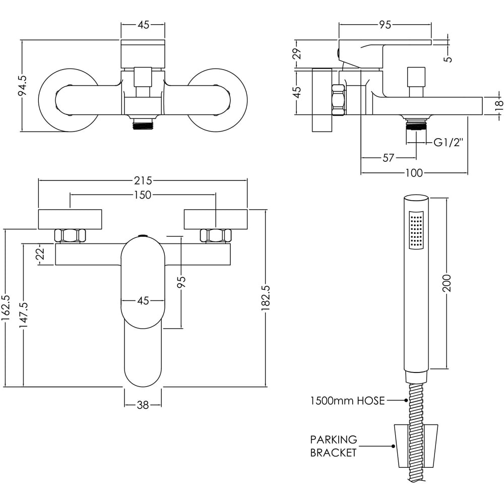 nuie Chrome Wall Mounted Bath Shower Mixer with Kit Image 2