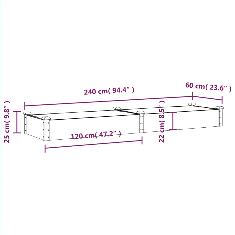 vidaXL Grey Solid Fir Wood Raised Garden Bed with Liner 240 x 60 x 25cm Image 5