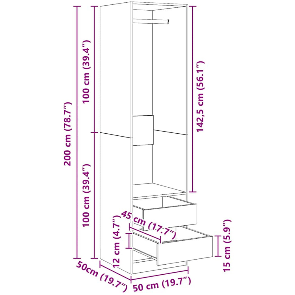 vidaXL 2 Drawer Single Open Shelf Grey Sonoma Slim Wardrobe Image 9