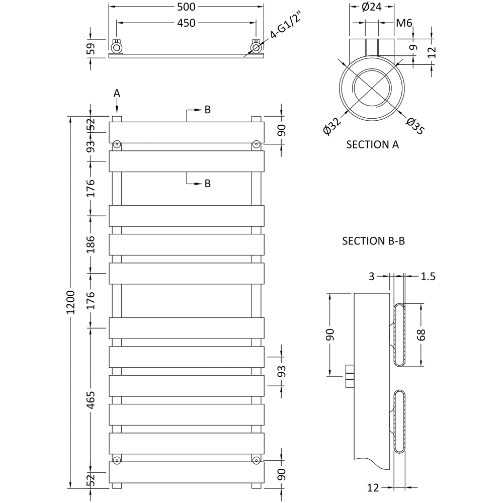 nuie Piazza Chrome Heated Towel Rail 1200 x 500mm Image 3
