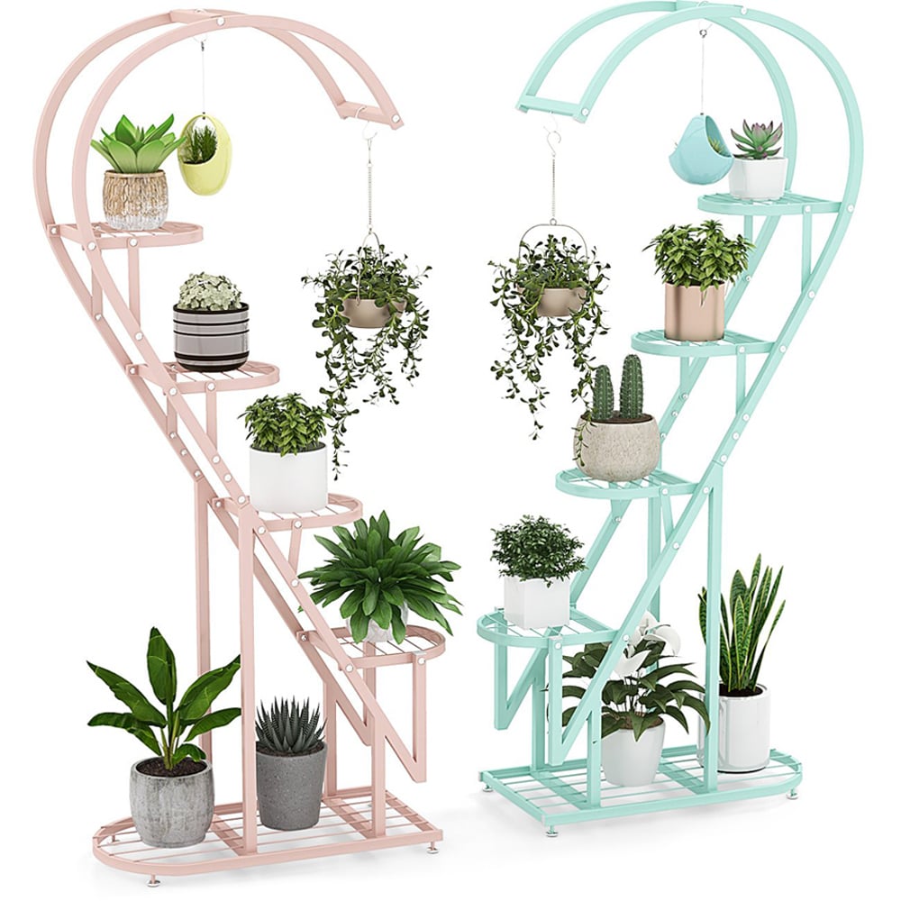 Costway Pink and Blue Metal Plant Stand with Hanging Hooks Image 1