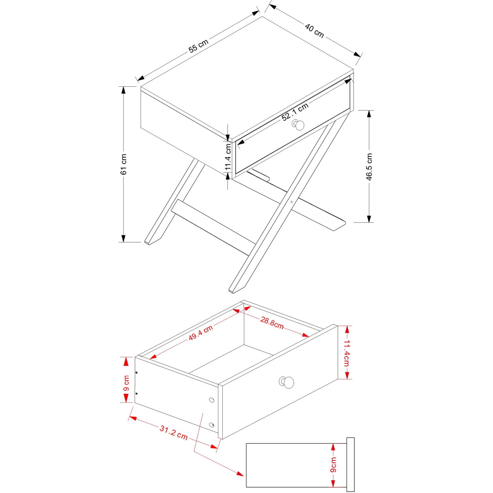 Leighton Single Drawer Light Grey X Legs Bedside Table Image 7