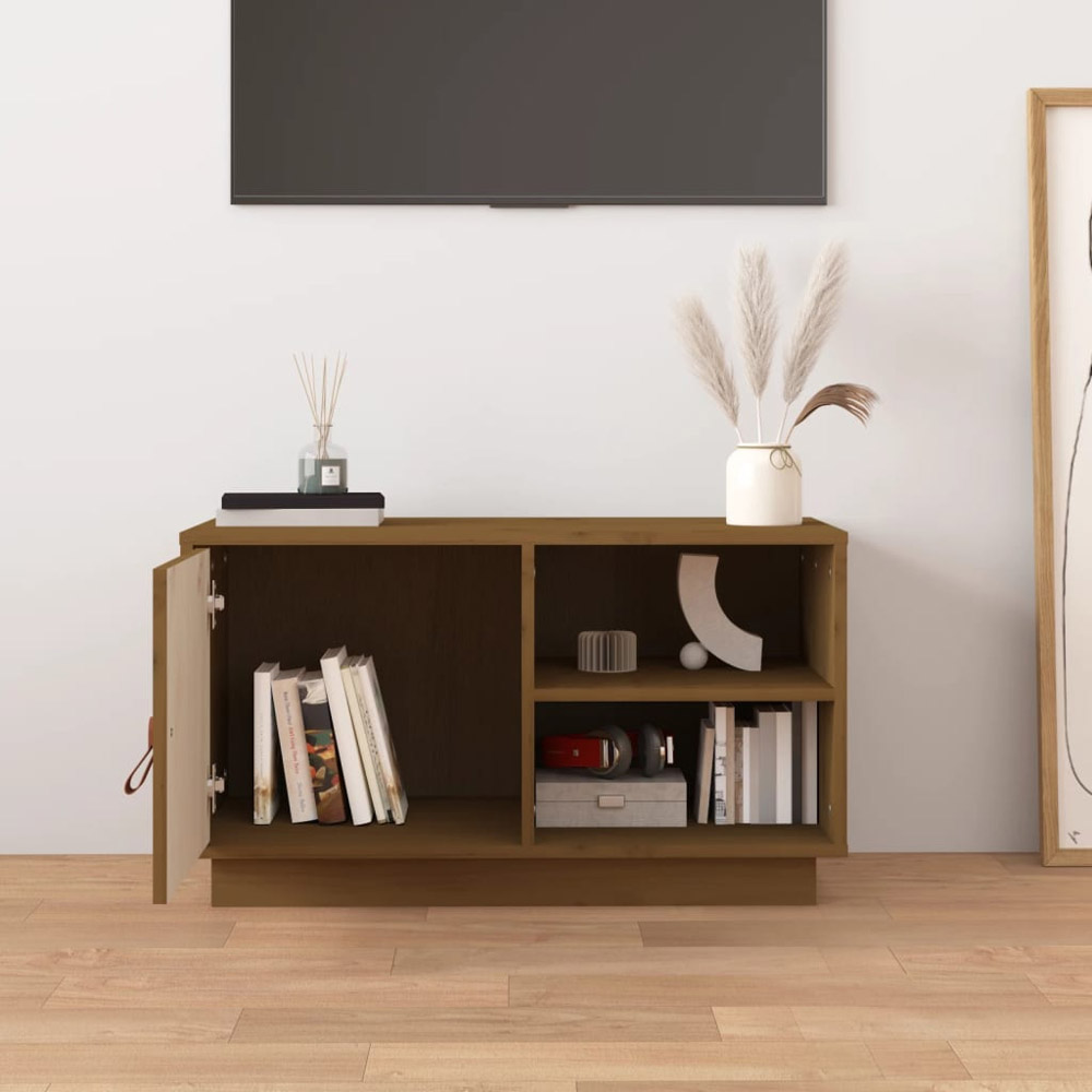 vidaXL Single Door 2 Open Shelf Honey Brown Solid Wood Pine TV Cabinet Image 3