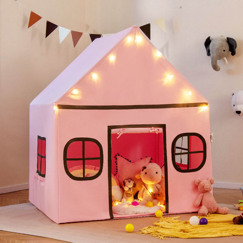 Costway Kids Pink Large Indoor Play Tent with Star Lights Image 4