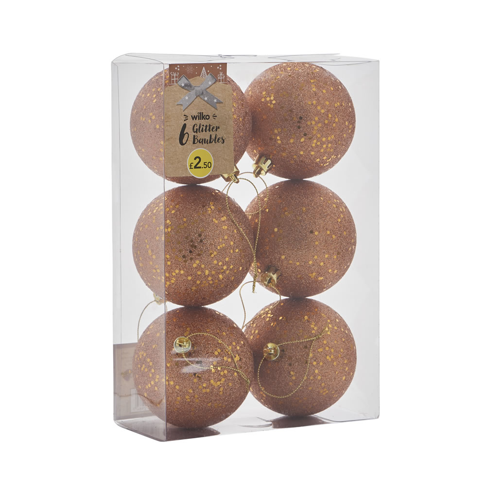 Wilko 6 pack Country Christmas Copper Glitter Christmas Baubles Image 3