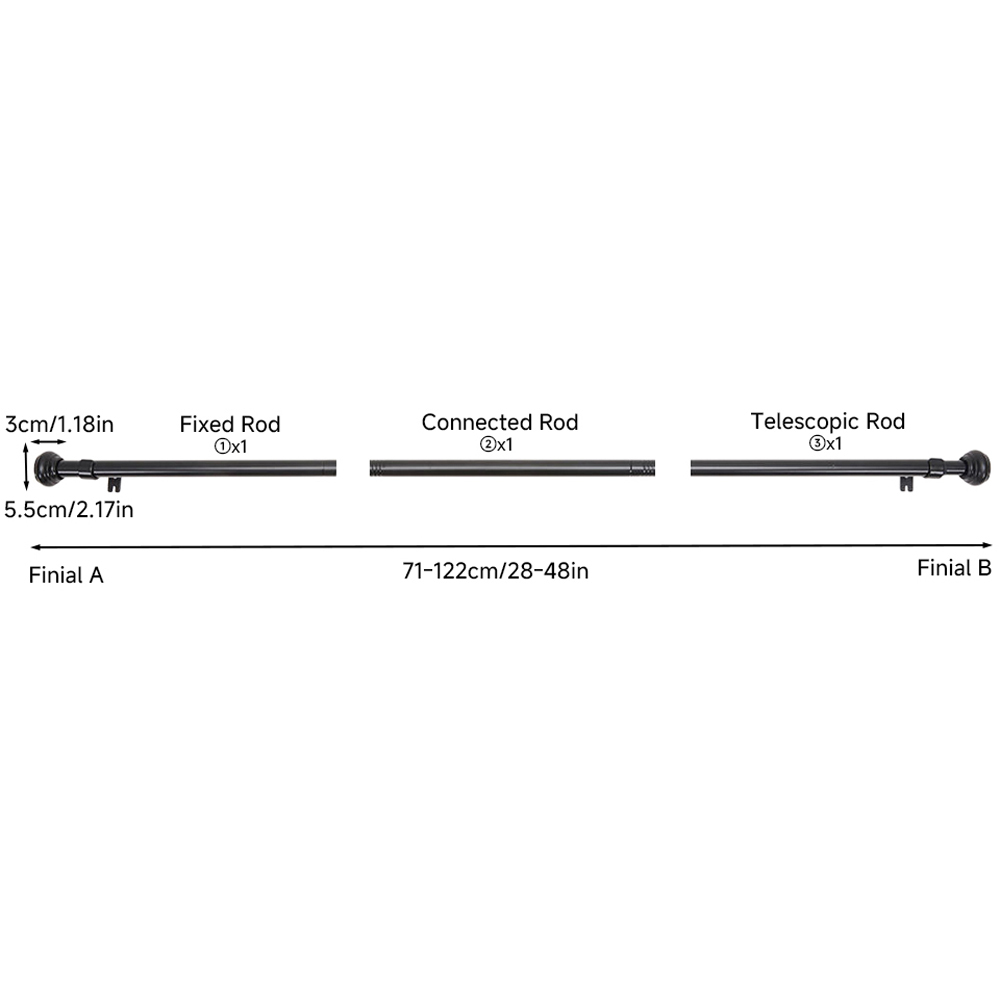 Living and Home 71-122cm Glossy Black Telescopic Curtain Pole with Brackets and Round Finial Image 8