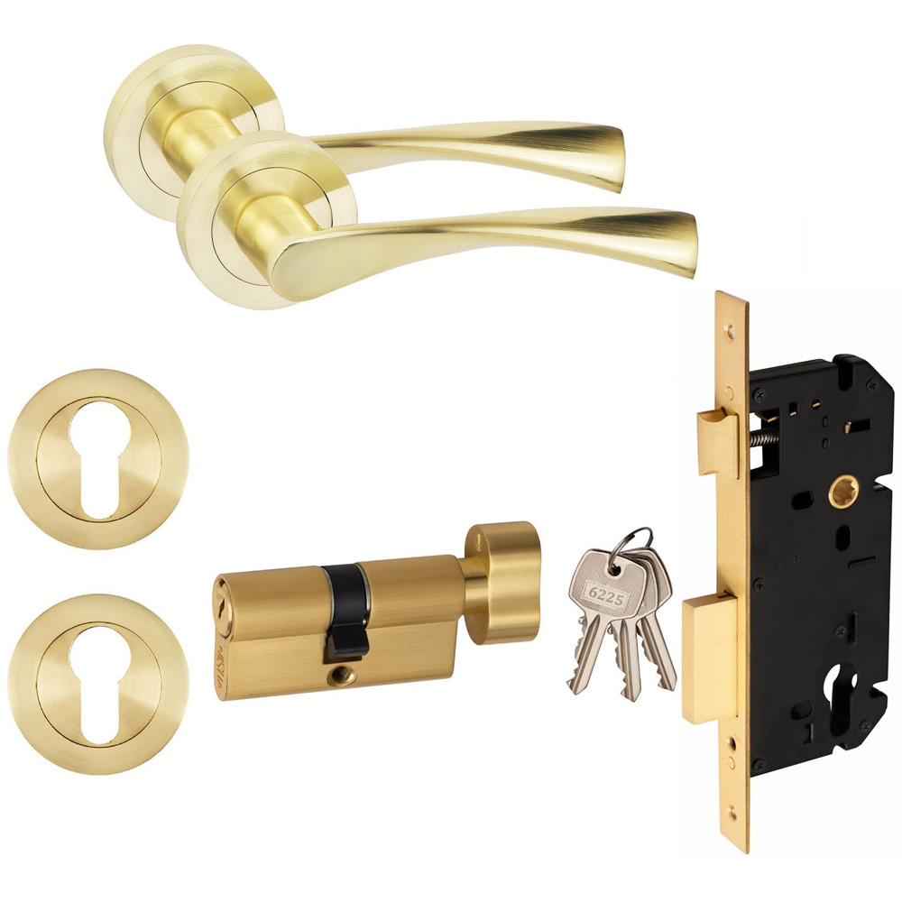 Golden Grace Satin Brass Astrid Door Handle Set with Euro Thumbturn Lock Set 70mm Image 1