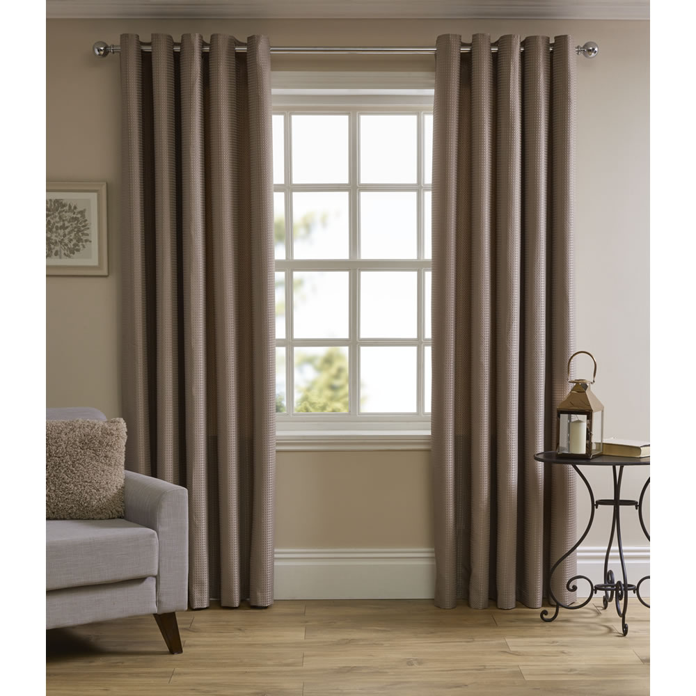 Wilko Taupe Waffle Weave Lined Eyelet Curtains 228 W x 228cm D Image 1