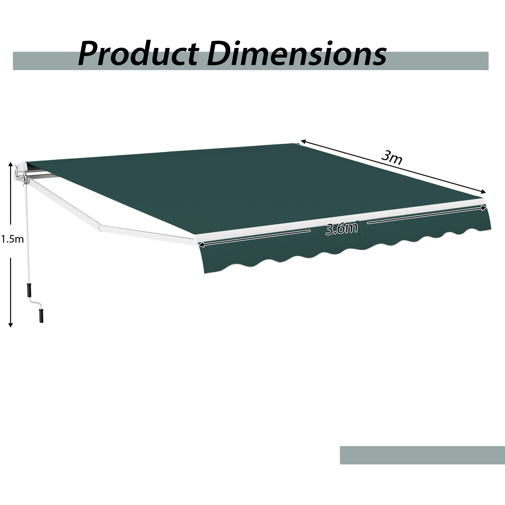 Costway Green Retractable Manual Patio Awning 3.6 x 3m Image 9