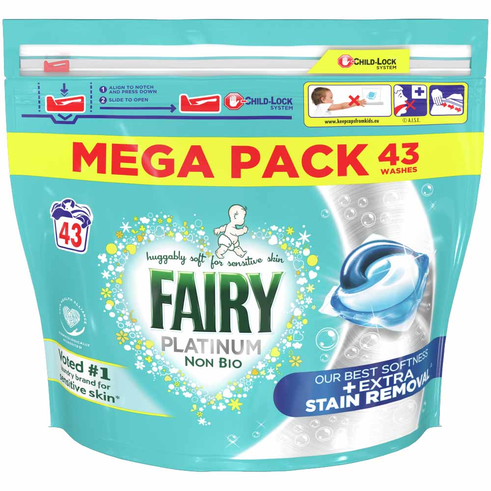 Fairy Platinum +Stain Remover Non Bio Pods Washing Liquid Capsules for Sensitive Skin 43 Wash Image 2