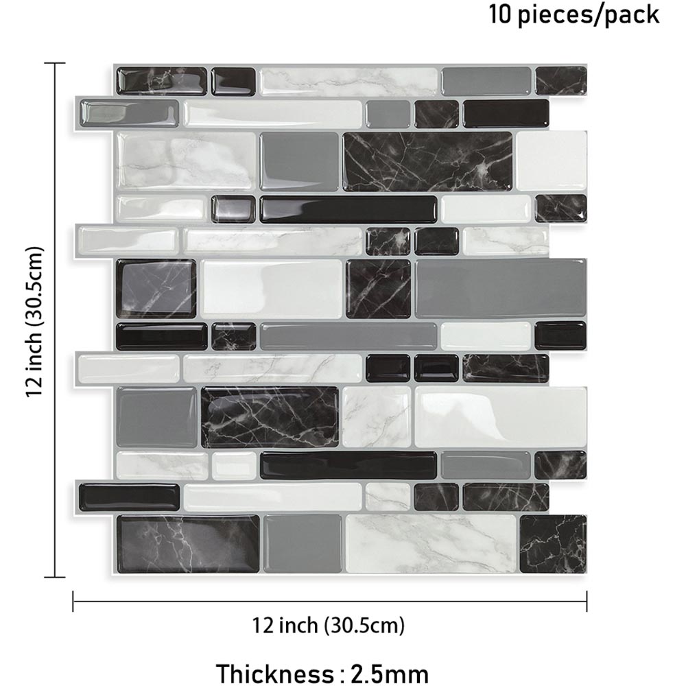 Living and Home 2.5mm Black White and Grey Peel and Stick Backsplash Tile 10 Pack Image 4