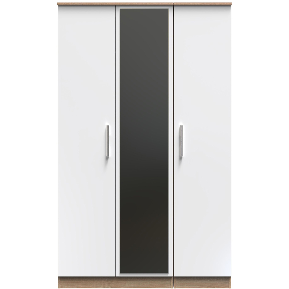 Crowndale Contrast Ready Assembled 3 Door Gloss White and Bardolino Oak Tall Mirrored Wardrobe Image 3