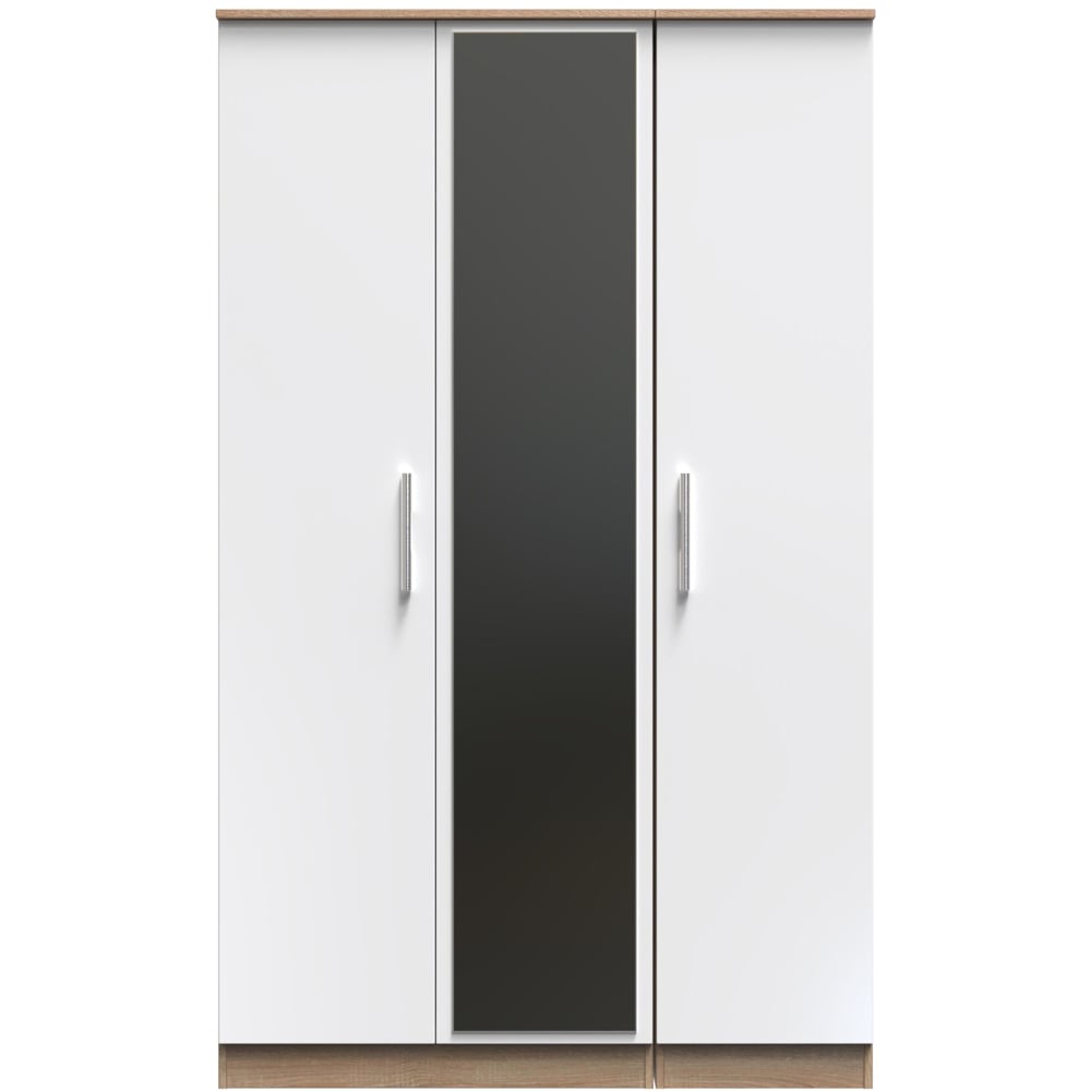 Crowndale Contrast 3 Door White and Bardolino Oak Tall Mirrored Wardrobe Ready Assembled Image 3