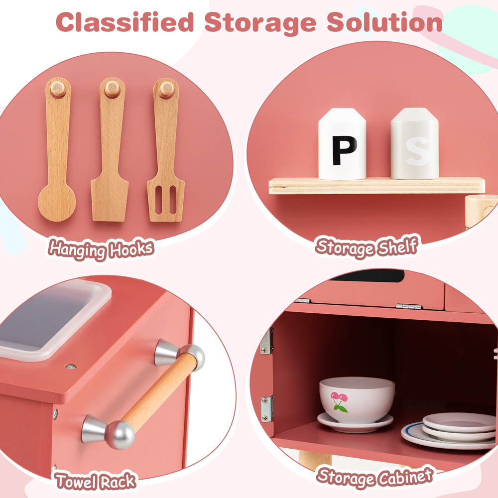 Costway Kids Pink Wooden Kitchen Play Set with Stoves Faucet Image 5