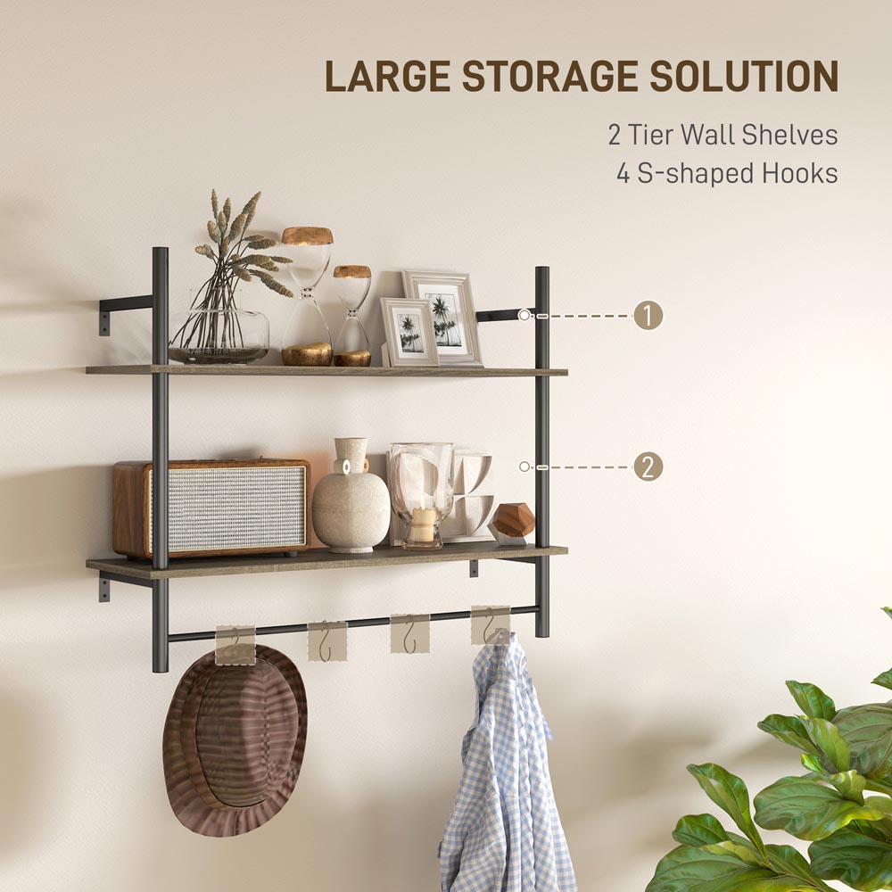 Portland 2 Tier Grey Wall Shelf Unit with 4 Hooks Image 7